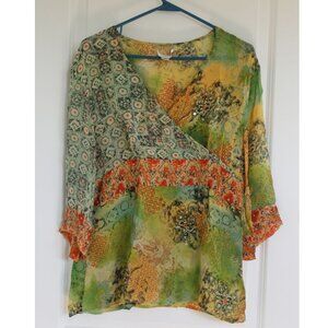 Coldwater Creek Top 100% Silk Blouse Faux Wrap Womens M Orange Green Boho 70's